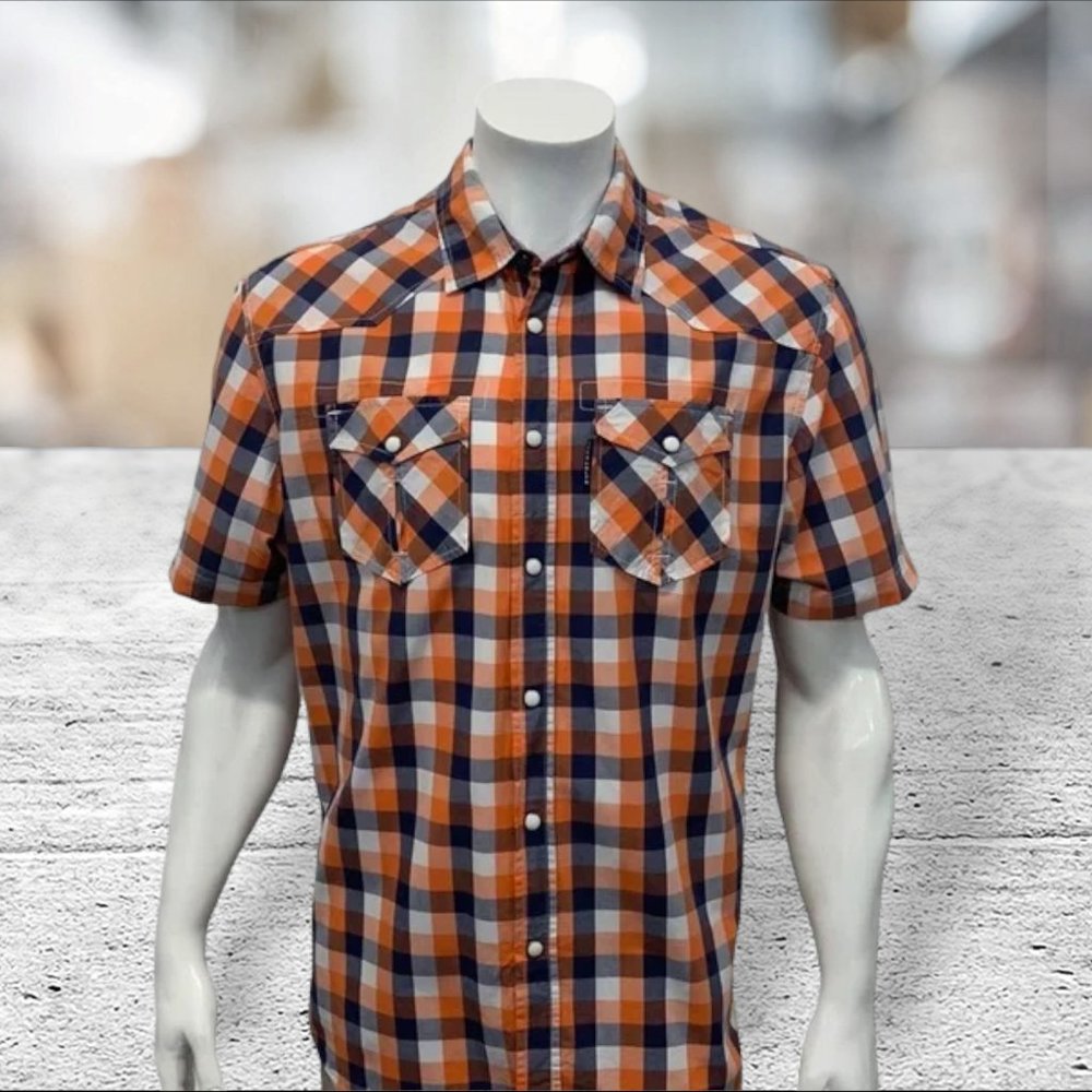 Ecko Unltd Authentic Division East All City Orange Blue White Pearl Snaps Shirt